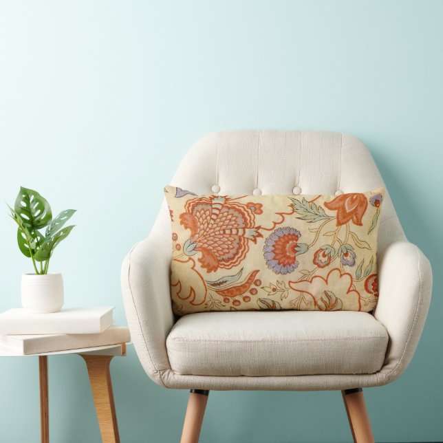 Vintage French Chintz Floral Antique Terracotta Lumbar Cushion (Chair)