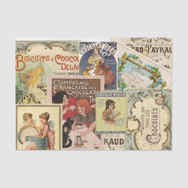 Vintage French Chocolate Ad Collage Scrapbook Tissue Paper (Front)