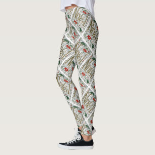 vintage french christmas poinsettia joyeux noel leggings
