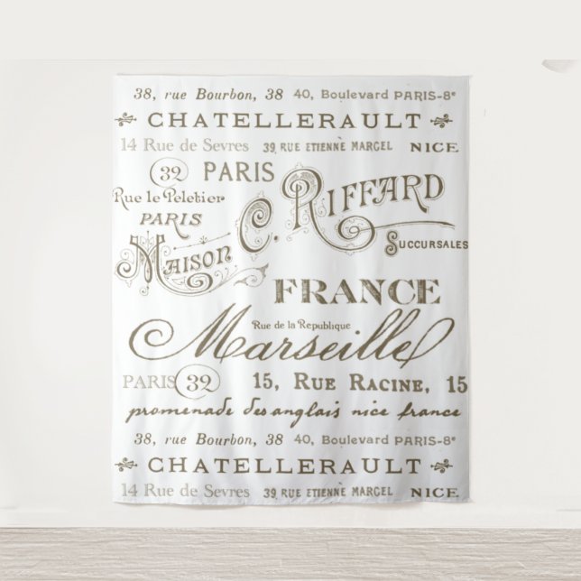 Vintage French City Names Sepia Photo Backdrop Tapestry (Front)