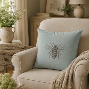 Vintage French Country Bee Neutral Rustic Farmhous Cushion