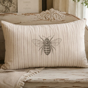 Vintage French Country Bee Neutral Rustic Farmhous Lumbar Cushion