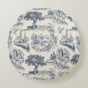  Vintage French Country "Blue Toile de Jouy " Round Cushion