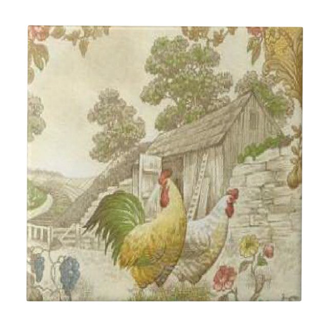 Vintage French Country Rooster/Hen Ceramic Tile (Front)
