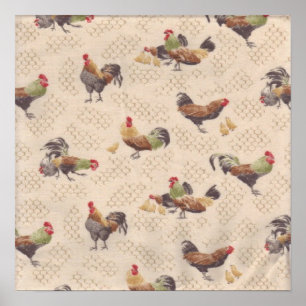 Vintage French Country Roosters Hens Art Print