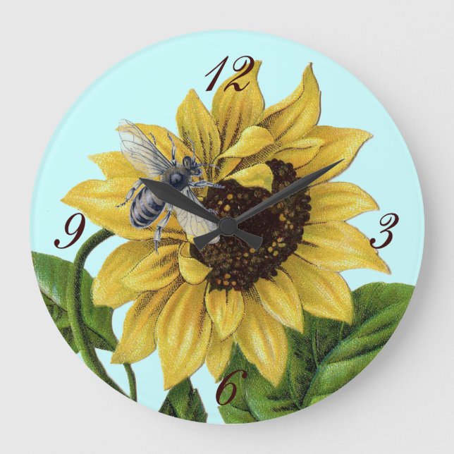 Vintage French Country Sunflower Honey Bee Large Clock (Front)