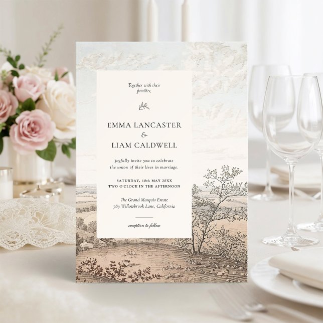 Vintage French Country Toile Landscape Wedding Invitation (Creator Uploaded)
