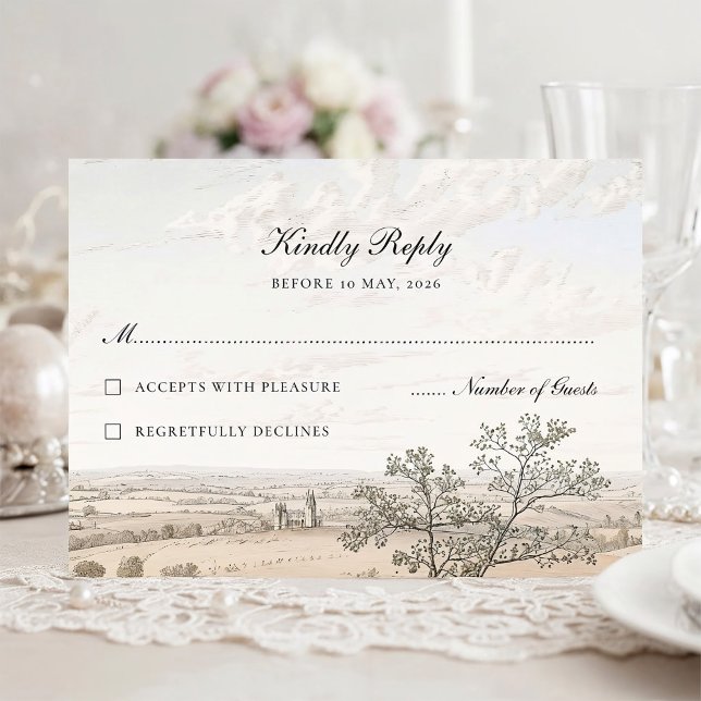 Vintage French Country Toile Landscape Wedding RSVP Card (Creator Uploaded)