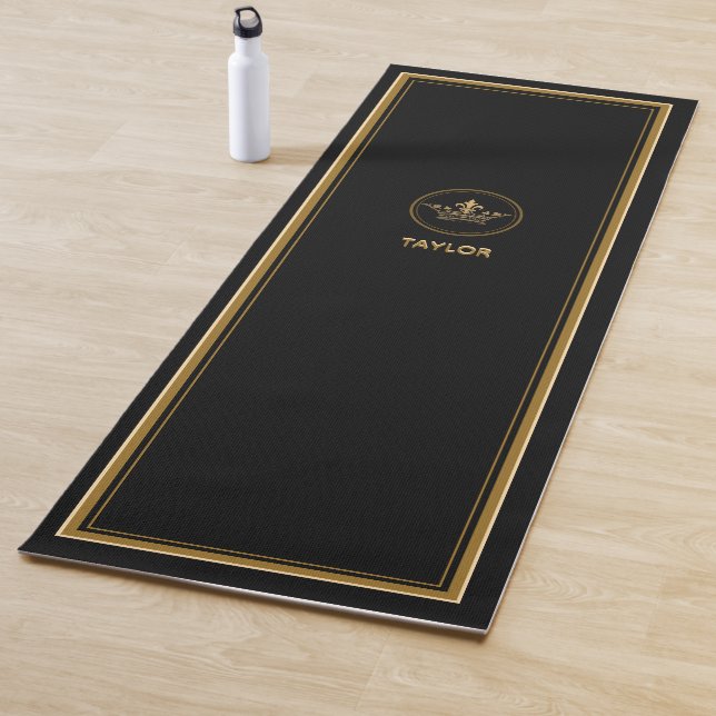 Vintage French Crown Gold Black Personalized Yoga Mat (In Situ)