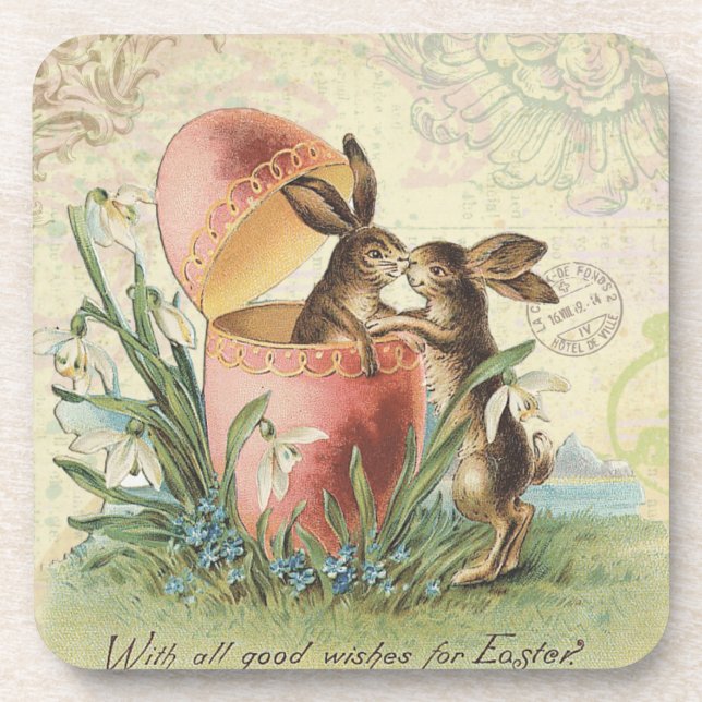 Vintage French Easter bunnies Coaster (Front)