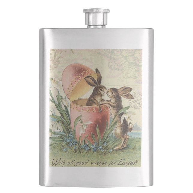 Vintage French Easter bunnies Hip Flask (Front)