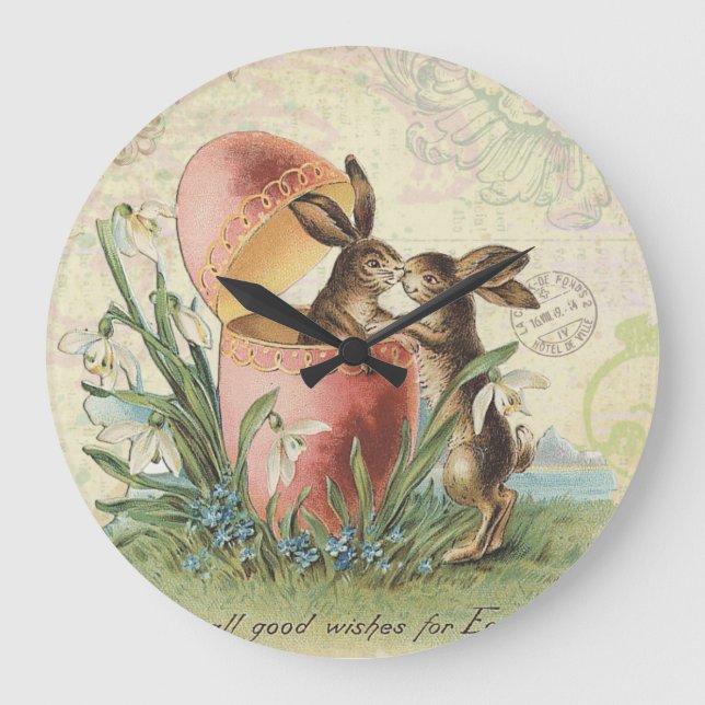 Vintage French Easter bunnies Large Clock (Front)