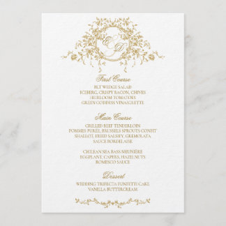Vintage French Elegant Gold Flora Monogram Wedding Menu