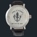 Vintage French Ephemera Fleur De Lis Custom Watch<br><div class="desc">Custom/Personalised unisex watch design with Fleur De Lis (an abstract image of a lily, and the three petals on top represent faith, hope and charity) and Couple's Names/Wedding Date against a Vintage French Ephemera. Great for a Wedding-Gift (buy two for a couple as a wedding keepsake) Bridal-Shower-Gift Father's-Day-Gift Anniversary-Gift Valentine's-Day-Gift...</div>