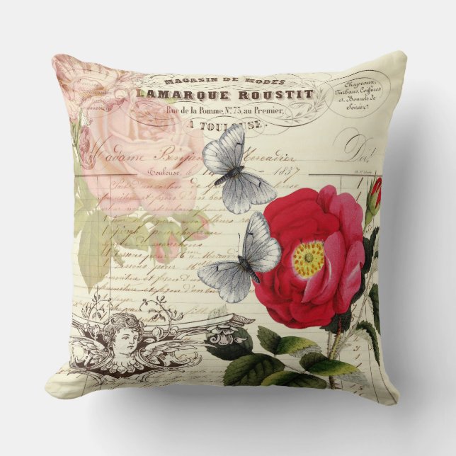 Vintage French Ephemera Roses Butterflies Collage Cushion (Front)
