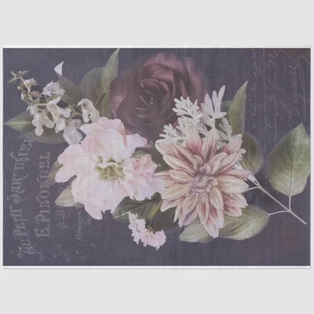 Vintage French Ephemera Script Rose Decoupage Tissue Paper (Front)