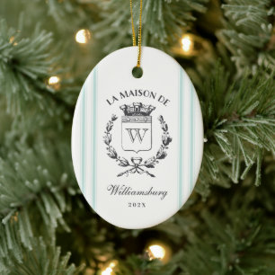 Vintage French Family Crest Aqua Grain Sack Stripe Ceramic Tree Decoration