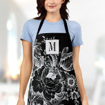 Vintage French Farmhouse Peony Monogram Chic Black Apron<br><div class="desc">Personalise this chic,  modern adult apron with your monogram! This elegant apron has your custom initials on a gorgeous black and white floral peony vintage french farmhouse design.</div>