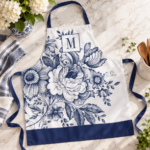 Vintage French Farmhouse Peony Monogram Navy Blue Apron