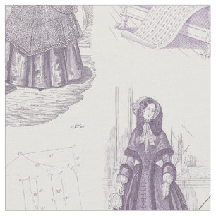Vintage French Fashion Toile Purple and White Fabric