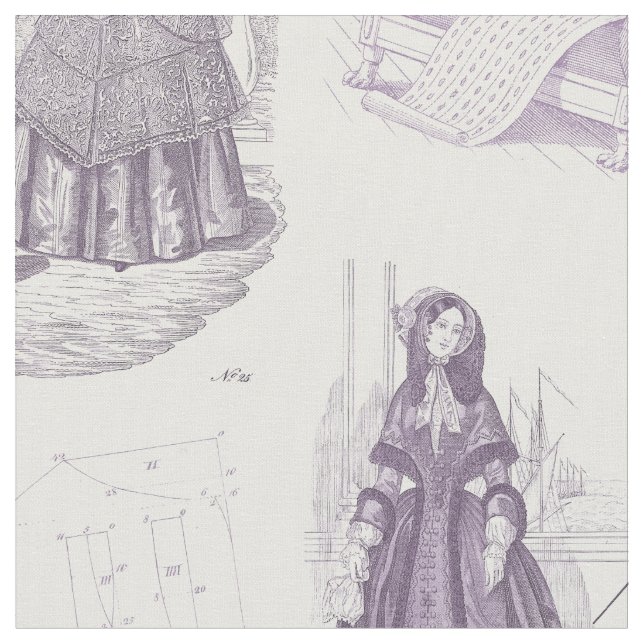 Vintage French Fashion Toile Purple and White Fabric (Close Up)