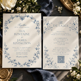 Vintage French Floral Crest All in One Wedding Invitation