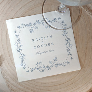 Vintage French Floral Dusty Blue Wedding Cocktail Napkin