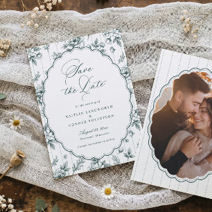 Vintage French Floral Emerald Green Photo Wedding Save The Date