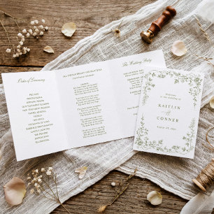 Vintage French Floral Olive Green Toile Wedding Tri-Fold Programme
