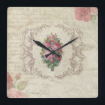 Vintage French Floral Postcard Square Wall Clock<br><div class="desc">Antique French postcard,  roses and centre ornate engraving on a distressed parchment background.</div>
