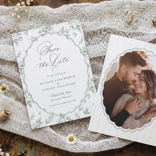 Vintage French Floral Sage Green Photo Wedding Save The Date