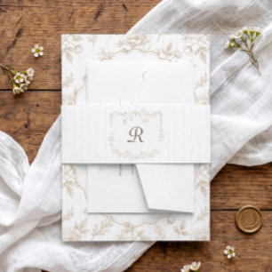 Vintage French Floral Stripes Beige Tan Wedding Invitation Belly Band