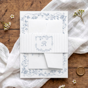 Vintage French Floral Stripes Dusty Blue Wedding Invitation Belly Band