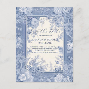 Vintage French Floral Toile Blue Announcement Postcard