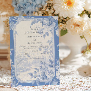 Vintage French Floral Toile Blue Wedding  Invitation