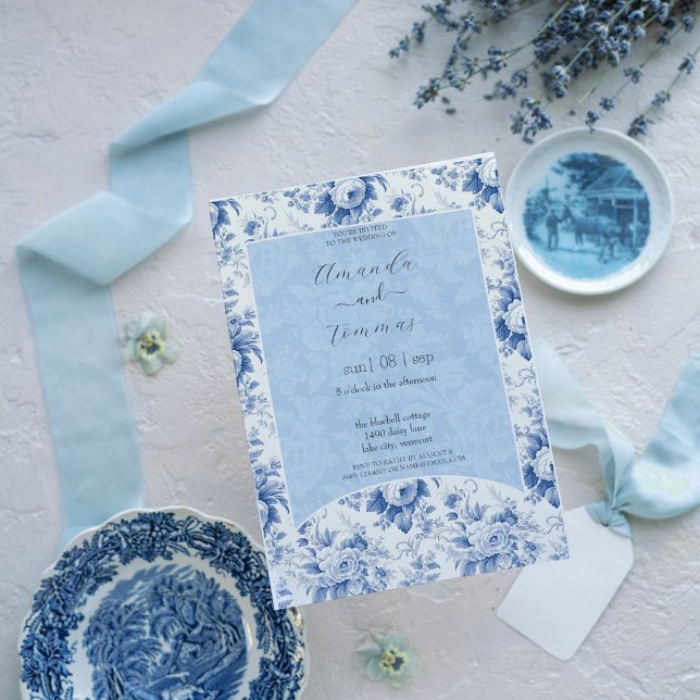 Vintage French Floral Toile Blue Wedding Invitation (Creator Uploaded)