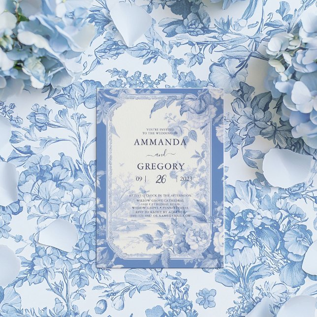 Vintage French Floral Toile Blue Wedding  Invitation (Creator Uploaded)