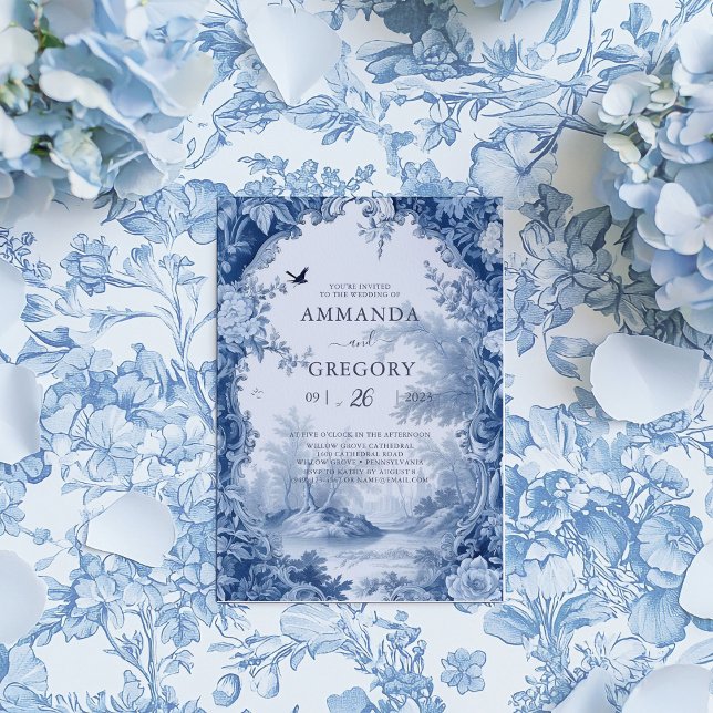 Vintage French Floral Toile Blue Wedding  Invitation (Creator Uploaded)