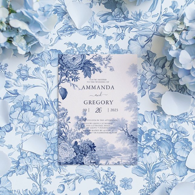 Vintage French Floral Toile Blue Wedding  Invitation (Creator Uploaded)