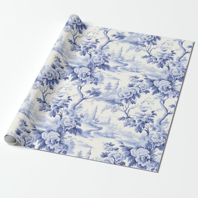 Vintage French  Floral Toile Blue  Wrapping Paper (Unrolled)