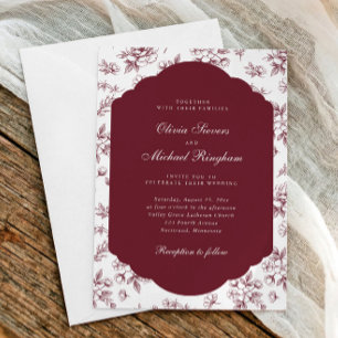 Vintage French Floral Toile Burgundy Red Wedding Invitation