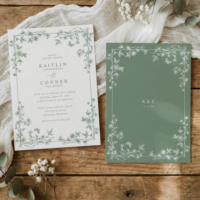 Vintage French Floral Toile Sage Wedding Invitation (Elegant sage green vintage French wedding invitation with chinoiserie floral frame and toile details)