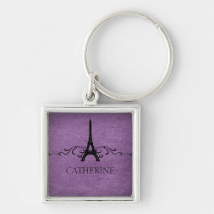 Vintage French Flourish Premium Keychain, Purple Key Ring