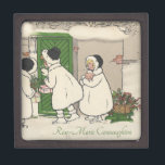 Vintage French Gift Girls Christmas Gift Box<br><div class="desc">Vintage illustration by children's illustrator P. Ebner. Three girls,  probably sisters,  knock at a big green door,  waiting with holiday gifts (even a little tree and a pig!) in hand.</div>