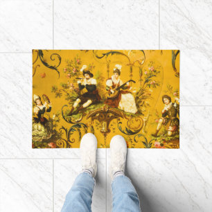 Vintage French Gold Yellow Toile Victorian Floral Doormat