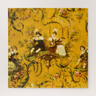 Vintage French Gold Yellow Toile Victorian Floral Jigsaw Puzzle