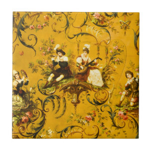 Vintage French Gold Yellow Toile Victorian Floral Tile