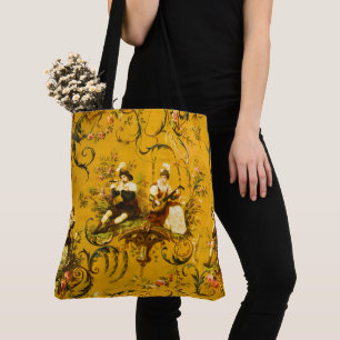Vintage French Gold Yellow Toile Victorian Floral Tote Bag