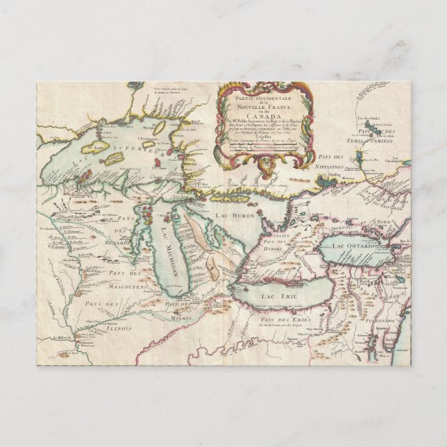 Vintage French Great Lakes Map Postcard (Front)