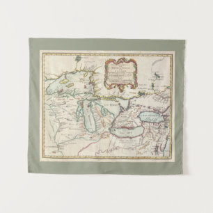 Vintage French Great Lakes Map Tapestry